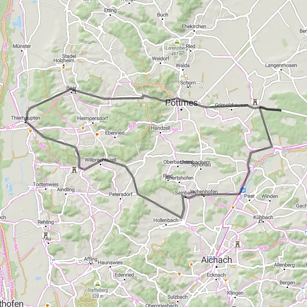 Map miniature of "The Thierhaupten Castle Loop" cycling inspiration in Schwaben, Germany. Generated by Tarmacs.app cycling route planner