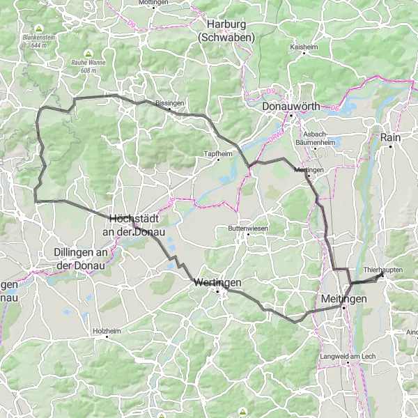 Karten-Miniaturansicht der Radinspiration "Radtour entlang der Donau: Meitingen nach Westendorf" in Schwaben, Germany. Erstellt vom Tarmacs.app-Routenplaner für Radtouren