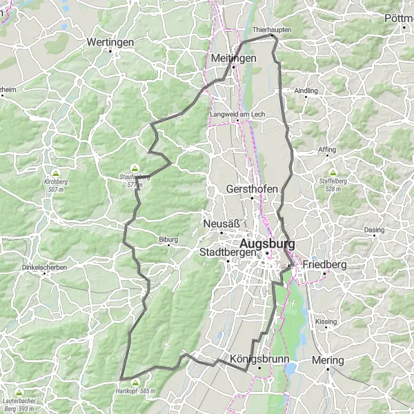 Map miniature of "The Hilltop Challenge" cycling inspiration in Schwaben, Germany. Generated by Tarmacs.app cycling route planner