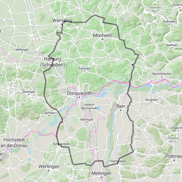 Map miniature of "Kühlenthal and Wemding Road Route" cycling inspiration in Schwaben, Germany. Generated by Tarmacs.app cycling route planner