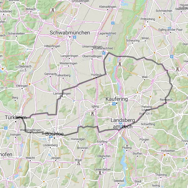 Karten-Miniaturansicht der Radinspiration "Rundweg nach Landsberg am Lech" in Schwaben, Germany. Erstellt vom Tarmacs.app-Routenplaner für Radtouren