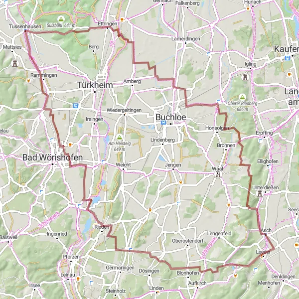 Map miniature of "The Gravel Challenge - Tussenhausen to Ettringen" cycling inspiration in Schwaben, Germany. Generated by Tarmacs.app cycling route planner