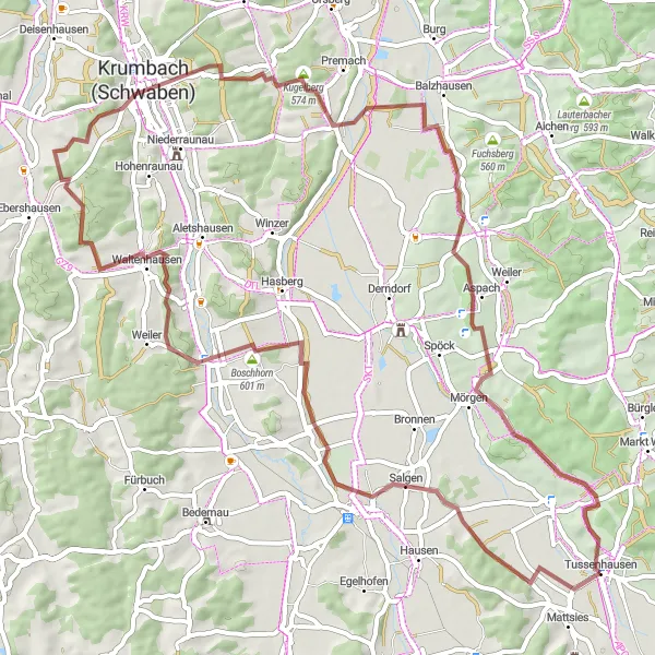Map miniature of "Gravel Adventure - Salgen to Eppishausen" cycling inspiration in Schwaben, Germany. Generated by Tarmacs.app cycling route planner