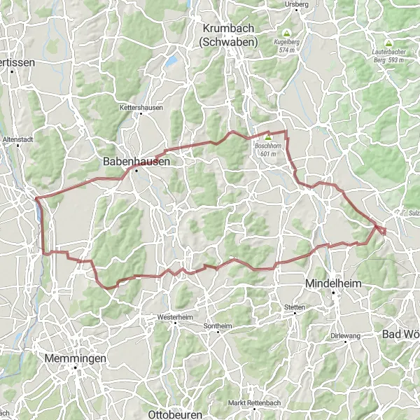 Map miniature of "Gravel Adventure" cycling inspiration in Schwaben, Germany. Generated by Tarmacs.app cycling route planner