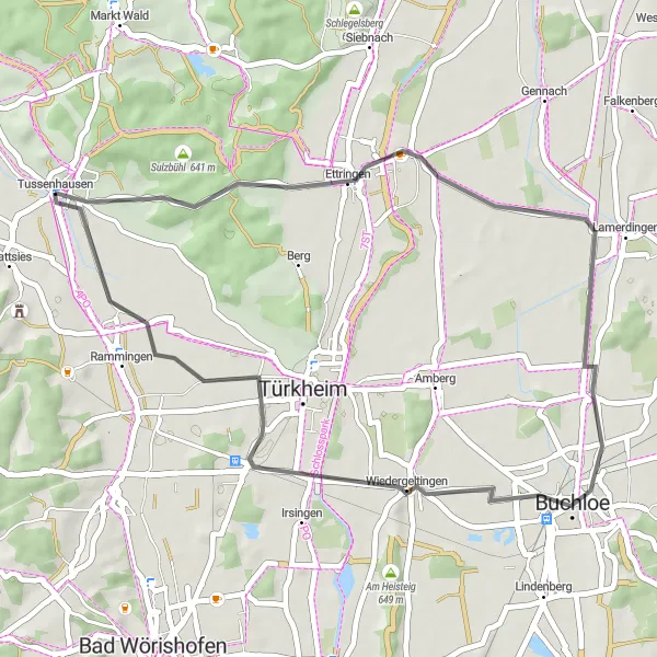 Map miniature of "Marvels of Lamerdingen and Buchloe" cycling inspiration in Schwaben, Germany. Generated by Tarmacs.app cycling route planner