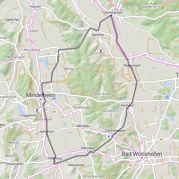 Map miniature of "Tussenhausen Leisure Ride" cycling inspiration in Schwaben, Germany. Generated by Tarmacs.app cycling route planner