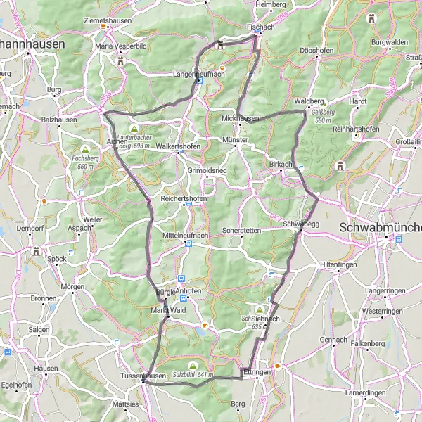 Map miniature of "The Road to Ettringen" cycling inspiration in Schwaben, Germany. Generated by Tarmacs.app cycling route planner
