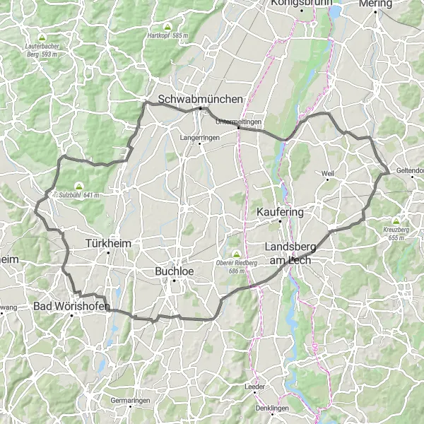Map miniature of "Mattsies Loop" cycling inspiration in Schwaben, Germany. Generated by Tarmacs.app cycling route planner