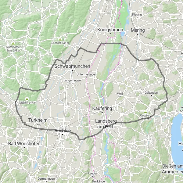 Map miniature of "Lech River Adventure" cycling inspiration in Schwaben, Germany. Generated by Tarmacs.app cycling route planner