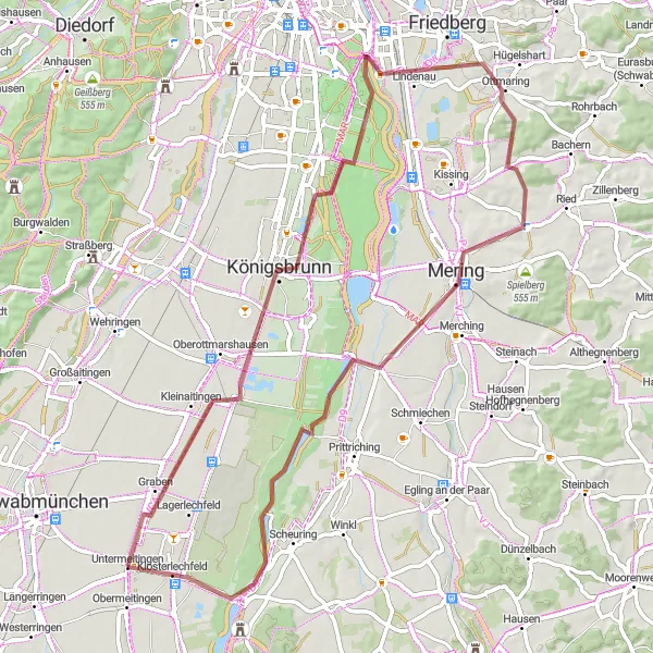 Karten-Miniaturansicht der Radinspiration "Entdeckungstour nach Mering und Klausenkopf" in Schwaben, Germany. Erstellt vom Tarmacs.app-Routenplaner für Radtouren
