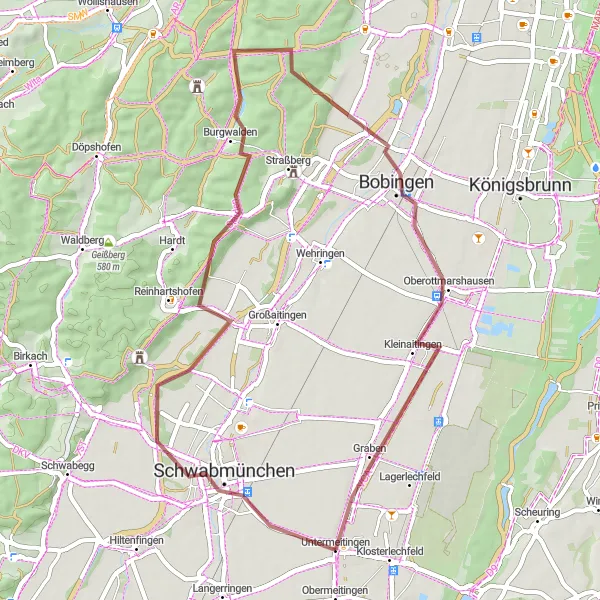 Karten-Miniaturansicht der Radinspiration "Kurze Tour durch Burgwalden und Bobingen" in Schwaben, Germany. Erstellt vom Tarmacs.app-Routenplaner für Radtouren