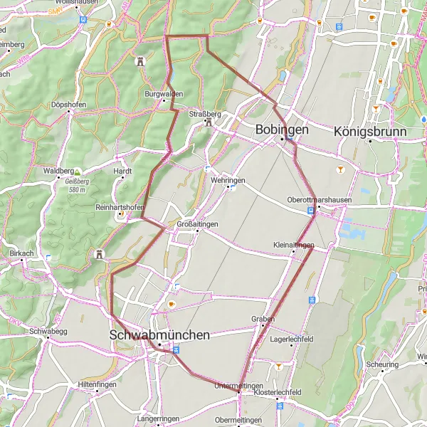 Map miniature of "Scenic Gravel Ride" cycling inspiration in Schwaben, Germany. Generated by Tarmacs.app cycling route planner