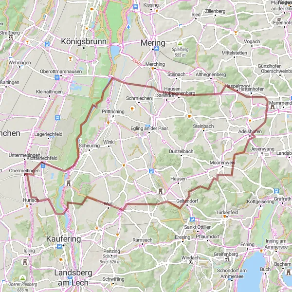 Karten-Miniaturansicht der Radinspiration "Abenteuerliche Schottertour von Untermeitingen" in Schwaben, Germany. Erstellt vom Tarmacs.app-Routenplaner für Radtouren