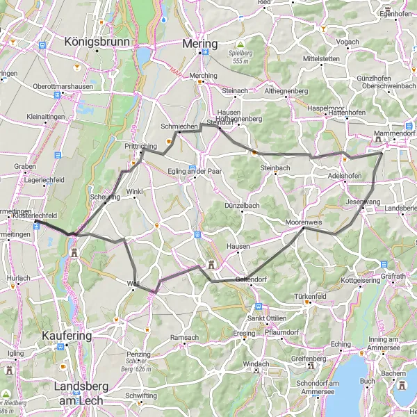 Karten-Miniaturansicht der Radinspiration "Kurvenreiche Radtour um Untermeitingen" in Schwaben, Germany. Erstellt vom Tarmacs.app-Routenplaner für Radtouren