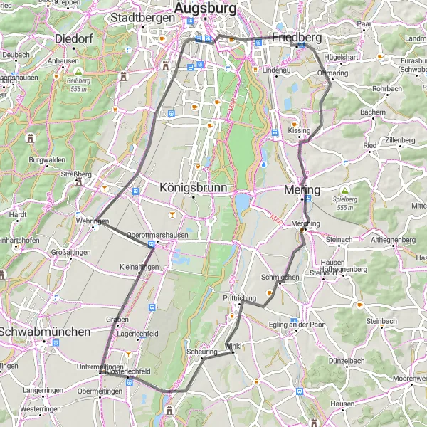 Karten-Miniaturansicht der Radinspiration "Herausfordernde Tour um Untermeitingen" in Schwaben, Germany. Erstellt vom Tarmacs.app-Routenplaner für Radtouren