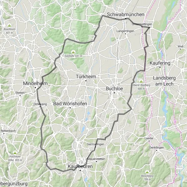 Karten-Miniaturansicht der Radinspiration "Panoramafahrt nach Kaufbeuren und Tussenhausen" in Schwaben, Germany. Erstellt vom Tarmacs.app-Routenplaner für Radtouren