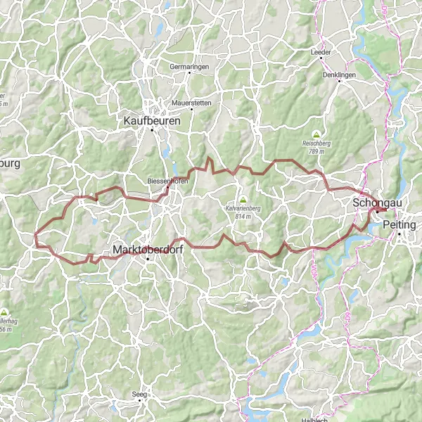 Map miniature of "Challenging Gravel Loop Tour near Unterthingau" cycling inspiration in Schwaben, Germany. Generated by Tarmacs.app cycling route planner