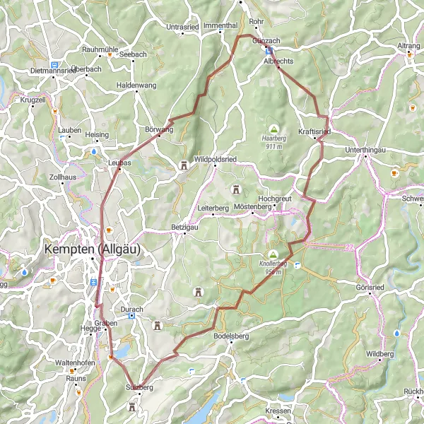 Map miniature of "Scenic Gravel Tour in Unterthingau" cycling inspiration in Schwaben, Germany. Generated by Tarmacs.app cycling route planner