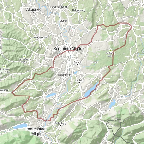 Map miniature of "Iller-Argen Gravel Adventure" cycling inspiration in Schwaben, Germany. Generated by Tarmacs.app cycling route planner