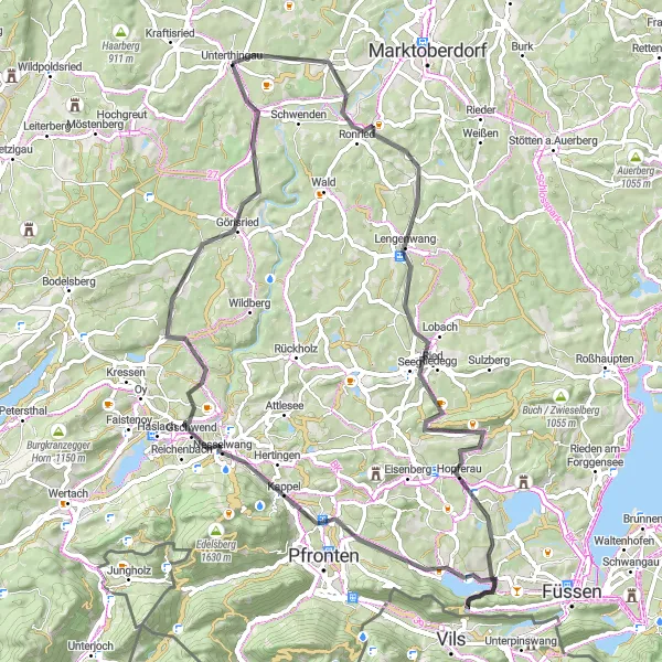 Karten-Miniaturansicht der Radinspiration "Straßenroute um Unterthingau" in Schwaben, Germany. Erstellt vom Tarmacs.app-Routenplaner für Radtouren