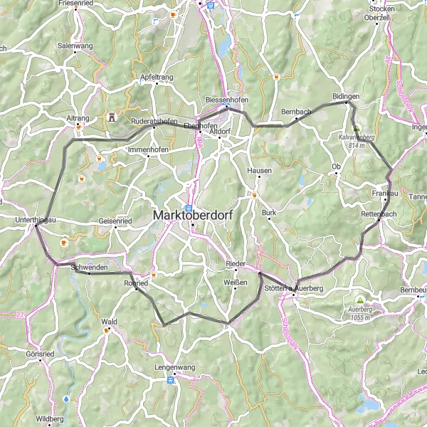 Map miniature of "Ruderatshofen Loop" cycling inspiration in Schwaben, Germany. Generated by Tarmacs.app cycling route planner