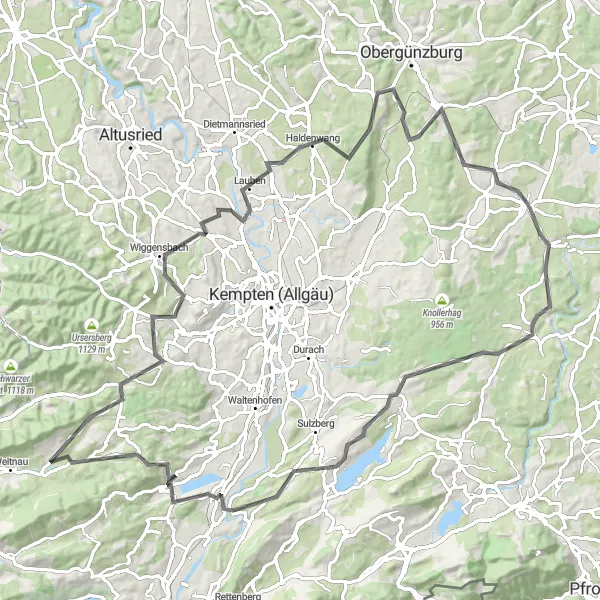Map miniature of "Allgäu Panorama Road Cycling Tour" cycling inspiration in Schwaben, Germany. Generated by Tarmacs.app cycling route planner