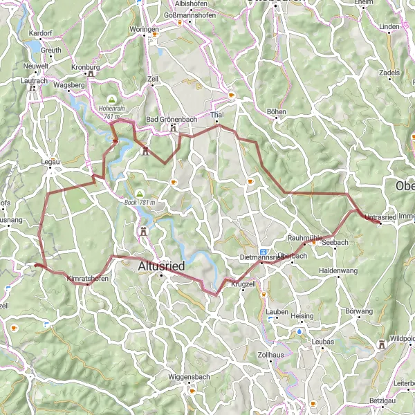 Map miniature of "Gravel Loop through Schwaben Countryside" cycling inspiration in Schwaben, Germany. Generated by Tarmacs.app cycling route planner