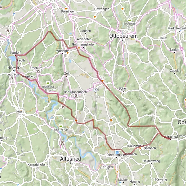 Map miniature of "Exploring the Gravel Roads of Untrasried and Lautrach" cycling inspiration in Schwaben, Germany. Generated by Tarmacs.app cycling route planner