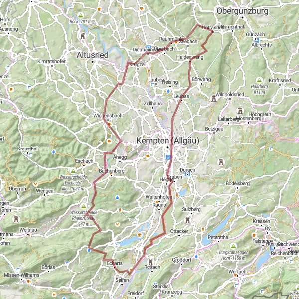 Map miniature of "Off-Road Adventure: Gravel Cycling in Kempten (Allgäu)" cycling inspiration in Schwaben, Germany. Generated by Tarmacs.app cycling route planner