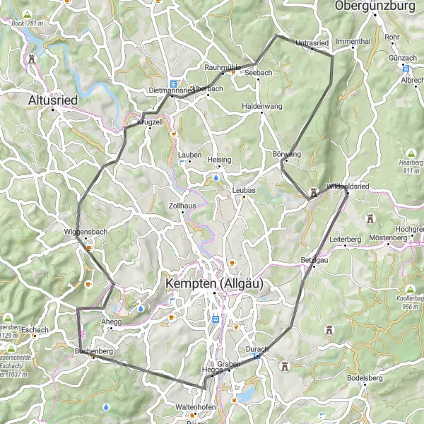 Map miniature of "The Countryside Charm of Untrasried and Durach" cycling inspiration in Schwaben, Germany. Generated by Tarmacs.app cycling route planner