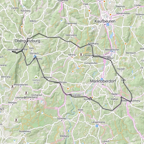Map miniature of "Historical Route through Untrasried and Alte Wasserreserve" cycling inspiration in Schwaben, Germany. Generated by Tarmacs.app cycling route planner