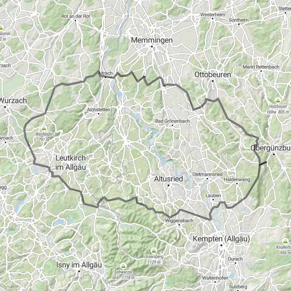 Map miniature of "The Allgäu Loop" cycling inspiration in Schwaben, Germany. Generated by Tarmacs.app cycling route planner