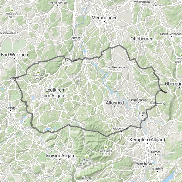 Map miniature of "The Rolling Hills of Untrasried" cycling inspiration in Schwaben, Germany. Generated by Tarmacs.app cycling route planner