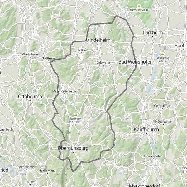 Map miniature of "The Tranquil Loop of Bad Wörishofen" cycling inspiration in Schwaben, Germany. Generated by Tarmacs.app cycling route planner