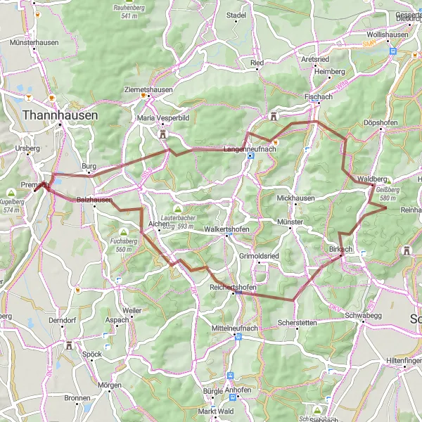 Map miniature of "Ursberg Ascent Adventure" cycling inspiration in Schwaben, Germany. Generated by Tarmacs.app cycling route planner