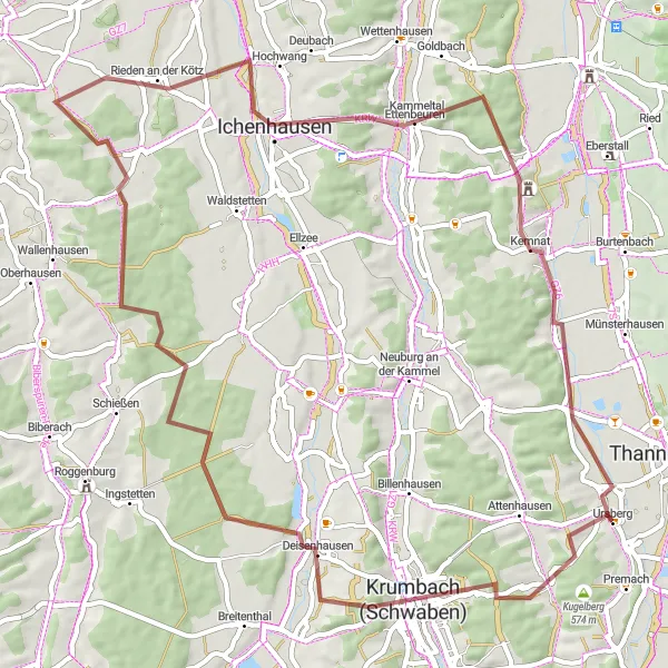 Map miniature of "Cycle through Beautiful Landscapes near Ursberg" cycling inspiration in Schwaben, Germany. Generated by Tarmacs.app cycling route planner