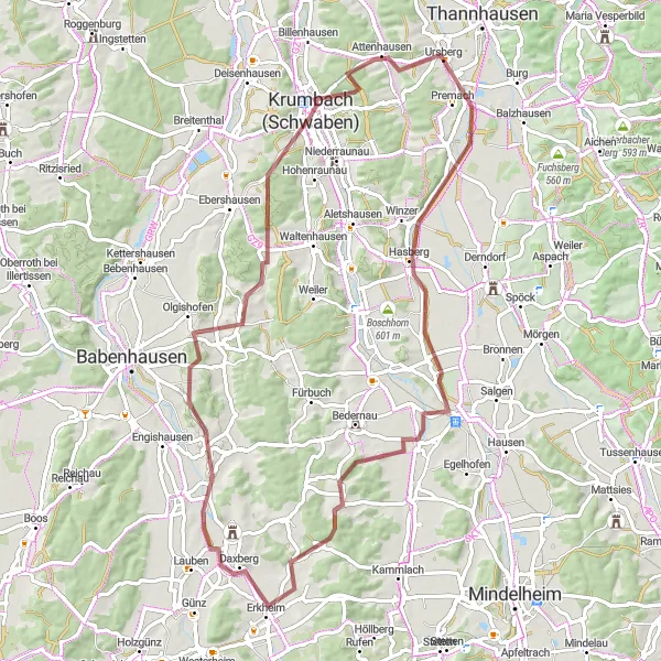 Map miniature of "Challenging Gravel Adventure to Krumbach" cycling inspiration in Schwaben, Germany. Generated by Tarmacs.app cycling route planner