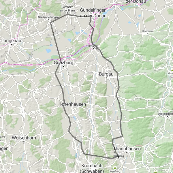 Map miniature of "Ursberg and Back" cycling inspiration in Schwaben, Germany. Generated by Tarmacs.app cycling route planner