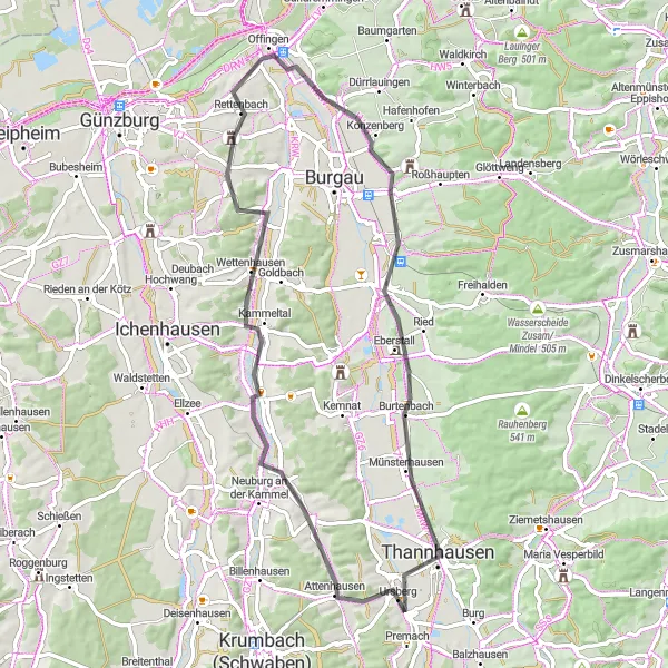 Karten-Miniaturansicht der Radinspiration "Entdeckungstour durch Burtenbach und Herrgottsberg in Schwaben" in Schwaben, Germany. Erstellt vom Tarmacs.app-Routenplaner für Radtouren