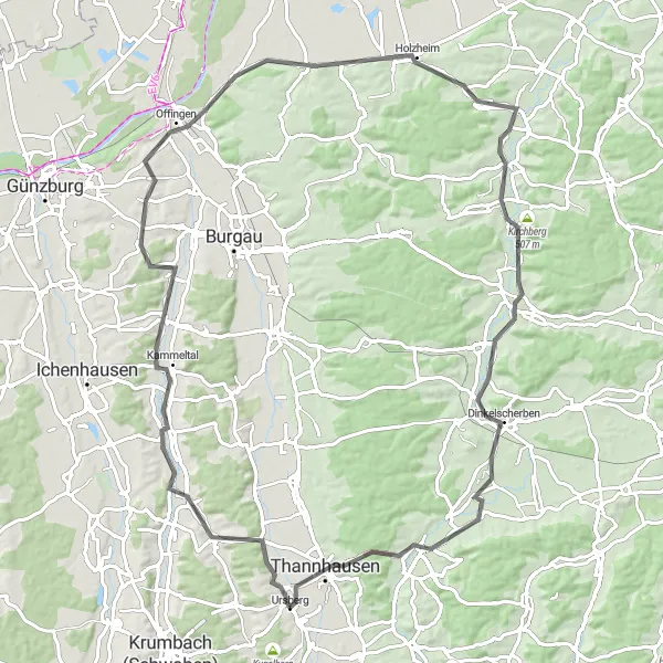 Karten-Miniaturansicht der Radinspiration "Auf den Spuren von Offingen und Dinkelscherben rund um Ursberg" in Schwaben, Germany. Erstellt vom Tarmacs.app-Routenplaner für Radtouren