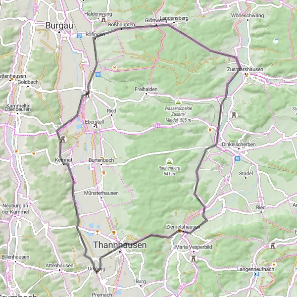 Karten-Miniaturansicht der Radinspiration "Rund um Ursberg mit Hagenried und Schloss Jettingen" in Schwaben, Germany. Erstellt vom Tarmacs.app-Routenplaner für Radtouren