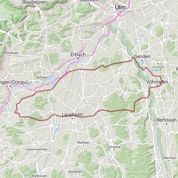 Map miniature of "Vöhringen to Lohberg Gravel Route" cycling inspiration in Schwaben, Germany. Generated by Tarmacs.app cycling route planner