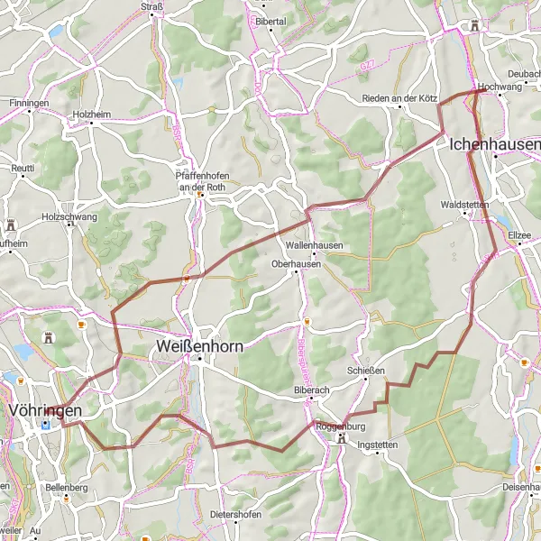 Map miniature of "Gravel Adventure: Vöhringen to Roggenburg via Autenried and Ichenhausen" cycling inspiration in Schwaben, Germany. Generated by Tarmacs.app cycling route planner