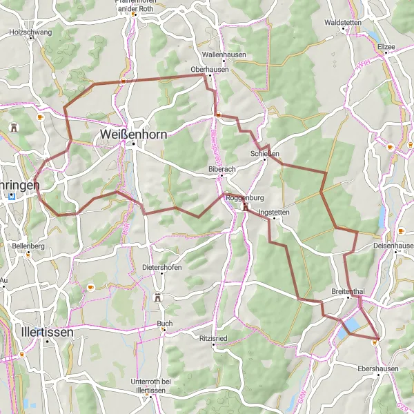 Map miniature of "Gravel Cycling: Roggenburg to Illerberg through Breitenthal and Biberachzell" cycling inspiration in Schwaben, Germany. Generated by Tarmacs.app cycling route planner