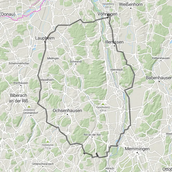 Map miniature of "Challenging Road Cycling Route: Illertissen to Illerrieden via Heimertingen and Laupheim" cycling inspiration in Schwaben, Germany. Generated by Tarmacs.app cycling route planner