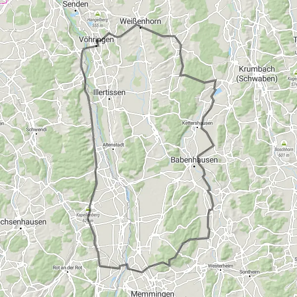 Map miniature of "The Challenging Günz Valley Road Loop" cycling inspiration in Schwaben, Germany. Generated by Tarmacs.app cycling route planner