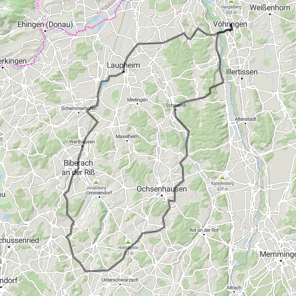 Map miniature of "Cycling Tour: Dietenheim to Illerrieden via Schwendi and Warthausen" cycling inspiration in Schwaben, Germany. Generated by Tarmacs.app cycling route planner