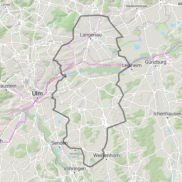 Map miniature of "From Vöhringen to Thal via Senden and Pfaffenhofen an der Roth" cycling inspiration in Schwaben, Germany. Generated by Tarmacs.app cycling route planner