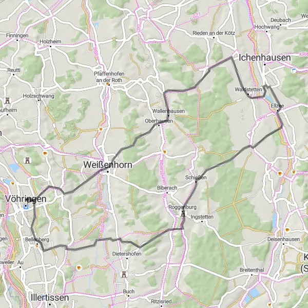 Map miniature of "Vöhringen - Weißenhorn Round Trip" cycling inspiration in Schwaben, Germany. Generated by Tarmacs.app cycling route planner