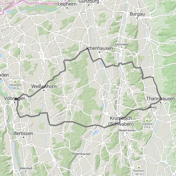 Map miniature of "Vöhringen - Krumbach (Schwaben) Round Trip" cycling inspiration in Schwaben, Germany. Generated by Tarmacs.app cycling route planner
